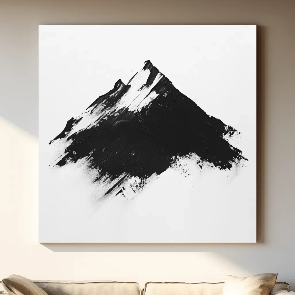 Modern abstract wall art, defined brush strokes black & white mountain painting