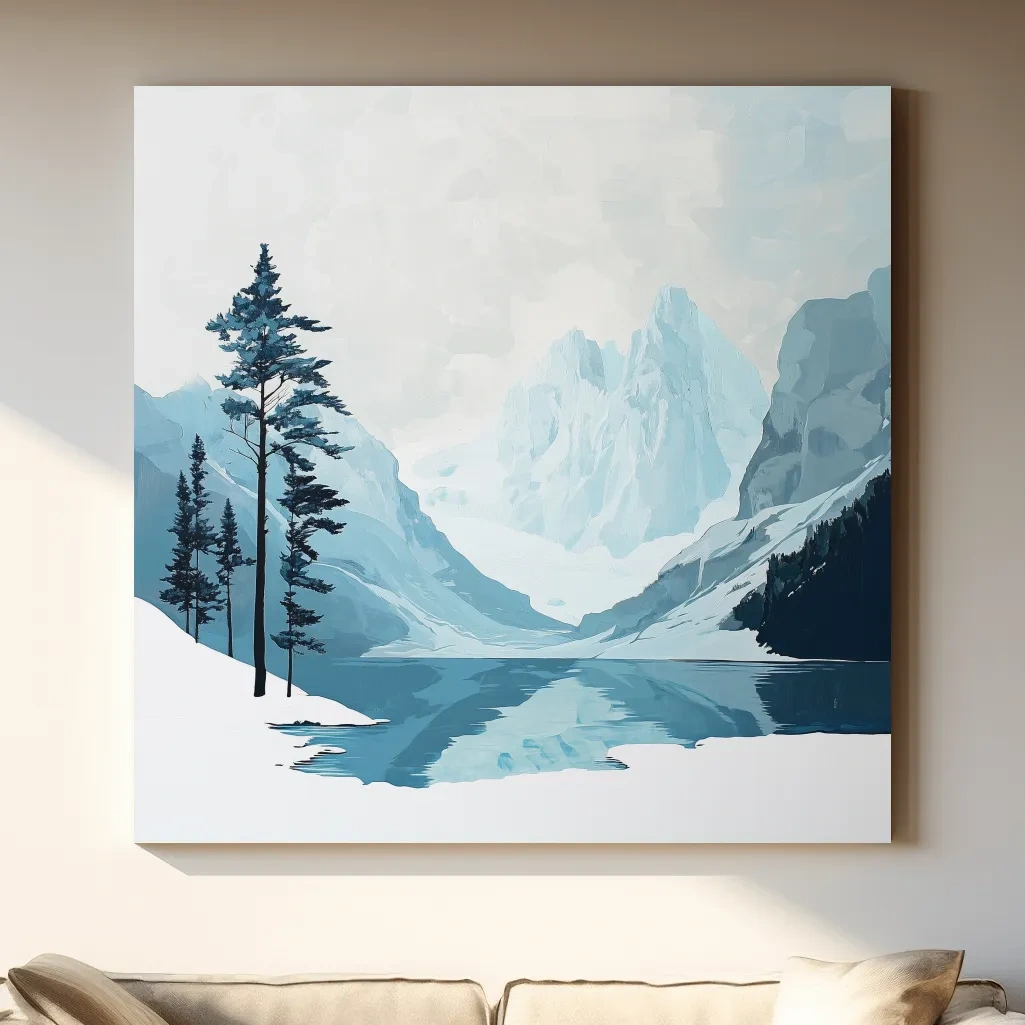 Minimalist Icy Mountain Lake - Scandinavian Winter Landscape Artwork