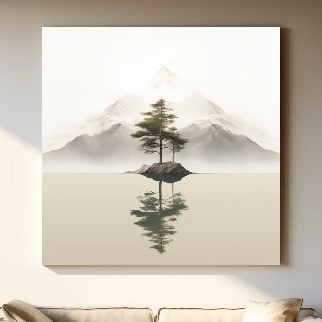 Minimalist Misty Lake Landscape Artwork - Serene Zen Pine Tree Reflection Art