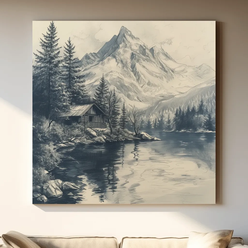 Lead pencil drawing of a cabin by an alpine lake