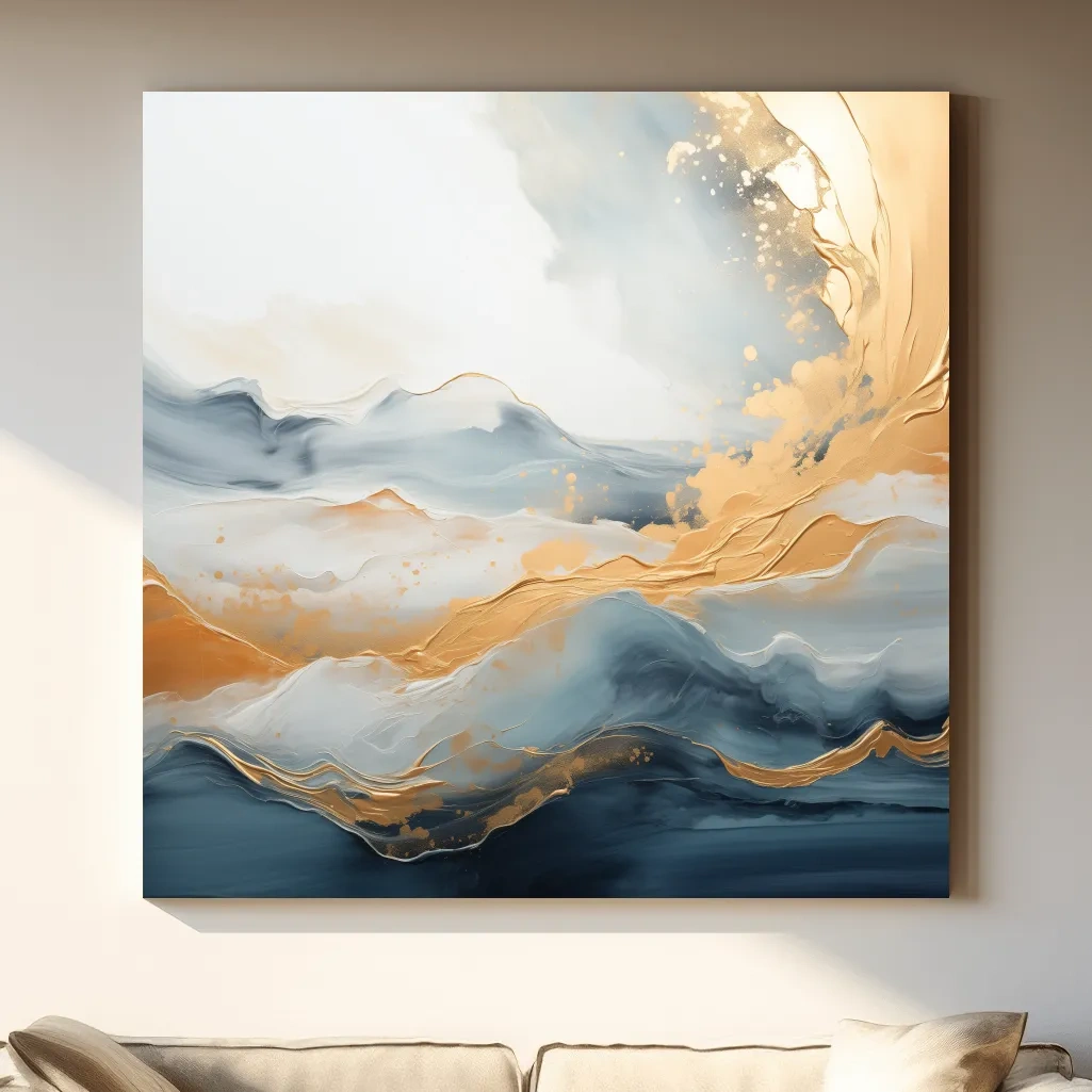 Fluid Abstract Blue And Gold Mountain Landscape - Modern Mixed Media Wall Art