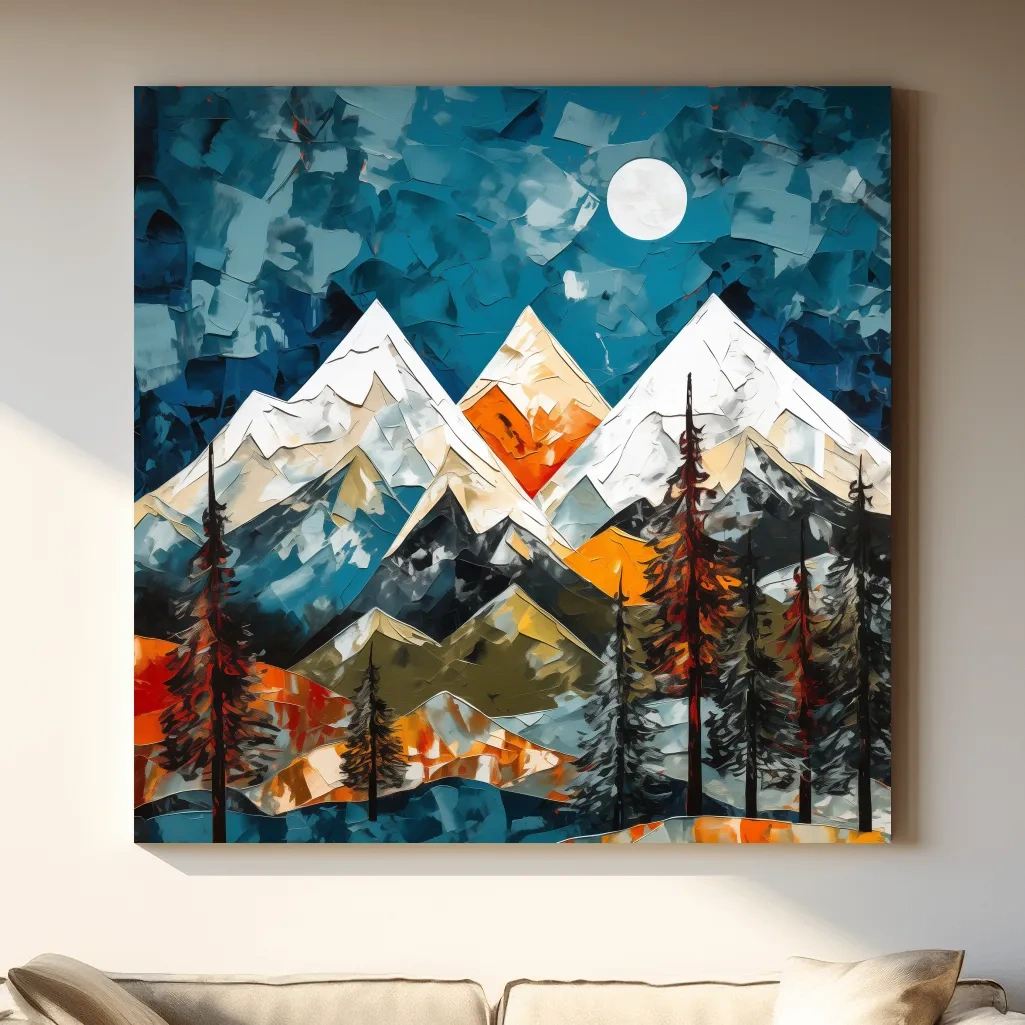 Abstract Impasto Style Mountain Nightscape - Moonlit Alpine Landscape Wall Art