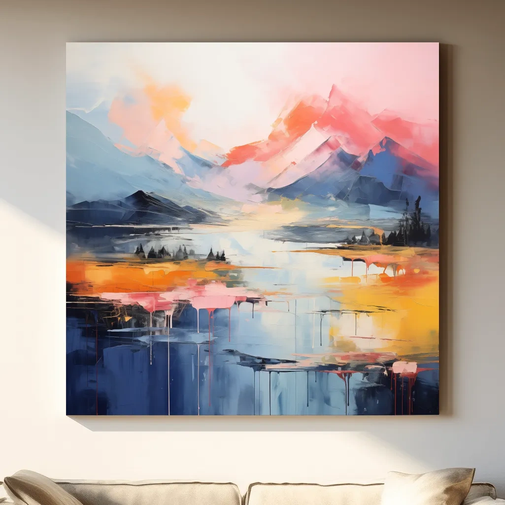 Abstract mountain landscape artwork, vibrant colors in oil painting style