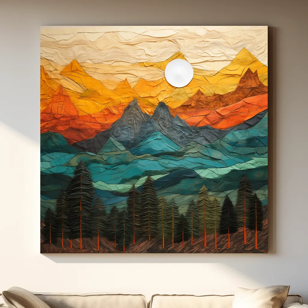 Layered Paper Cut Style Mountain Sunset - Colorful Abstract Forest Landscape Wall Art