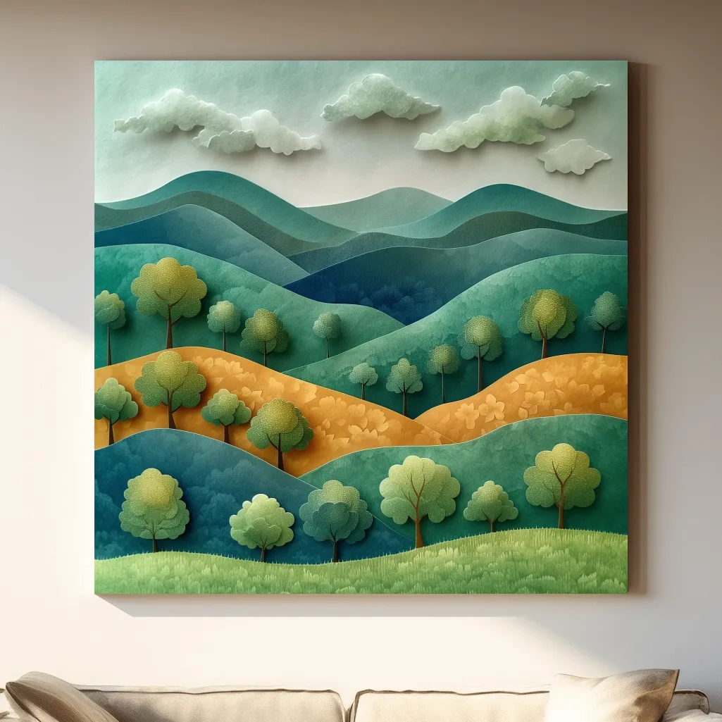Rolling hills and trees 3d artwork, layered paper quilling effect