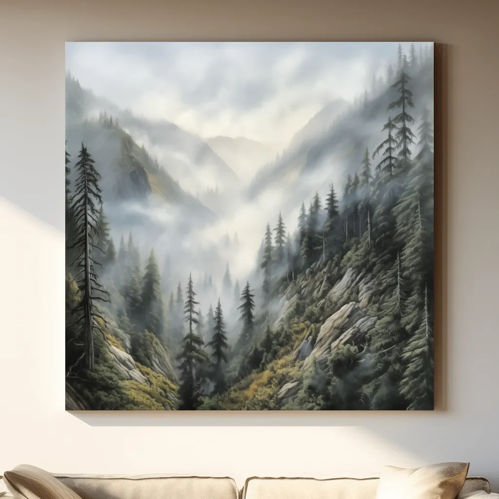 Misty Mountain Valley Pine Forest Painting - Foggy Alpine Landscape Wall Art