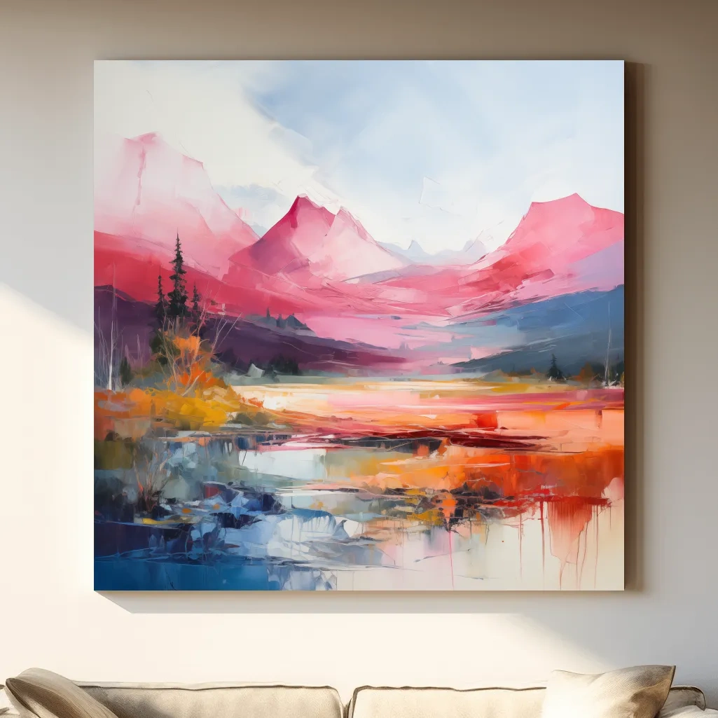 Vibrant Abstract Impressionist Alpine Lake Sunset Painting - Colorful Mountain Wall Art