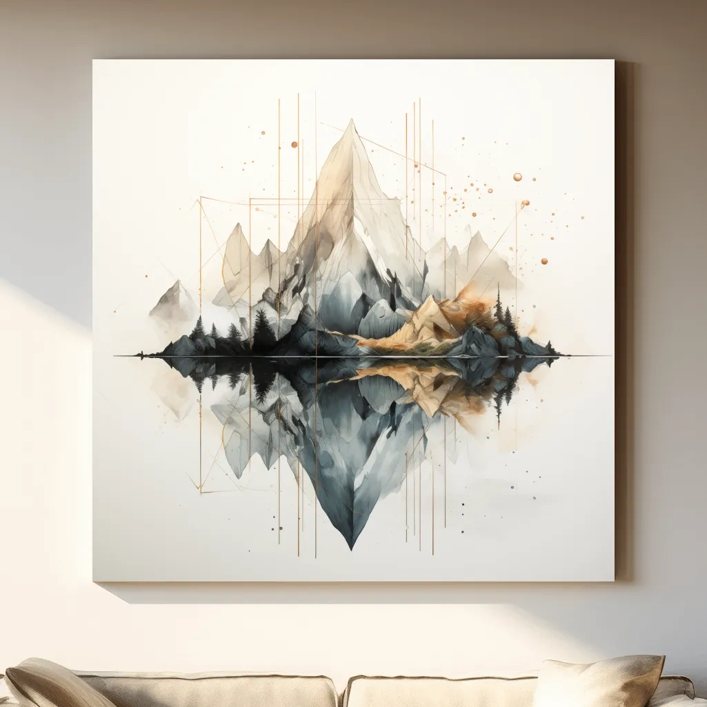 Geometric Watercolor Mountain Reflection Landscape - Modern Minimalist Wall Art