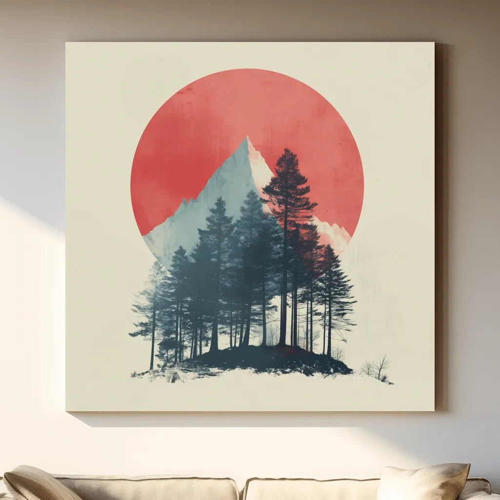 Minimalist Mountain Peak Pine Forest - Scandinavian Sunset Landscape Wall Art