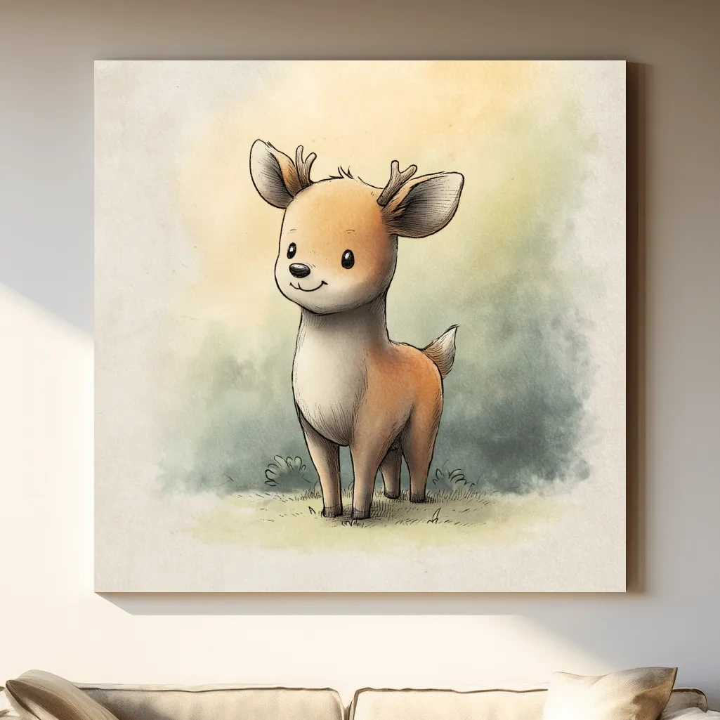 Cute Baby Deer Watercolor Illustration - Whimsical Woodland Nursery Wall Art