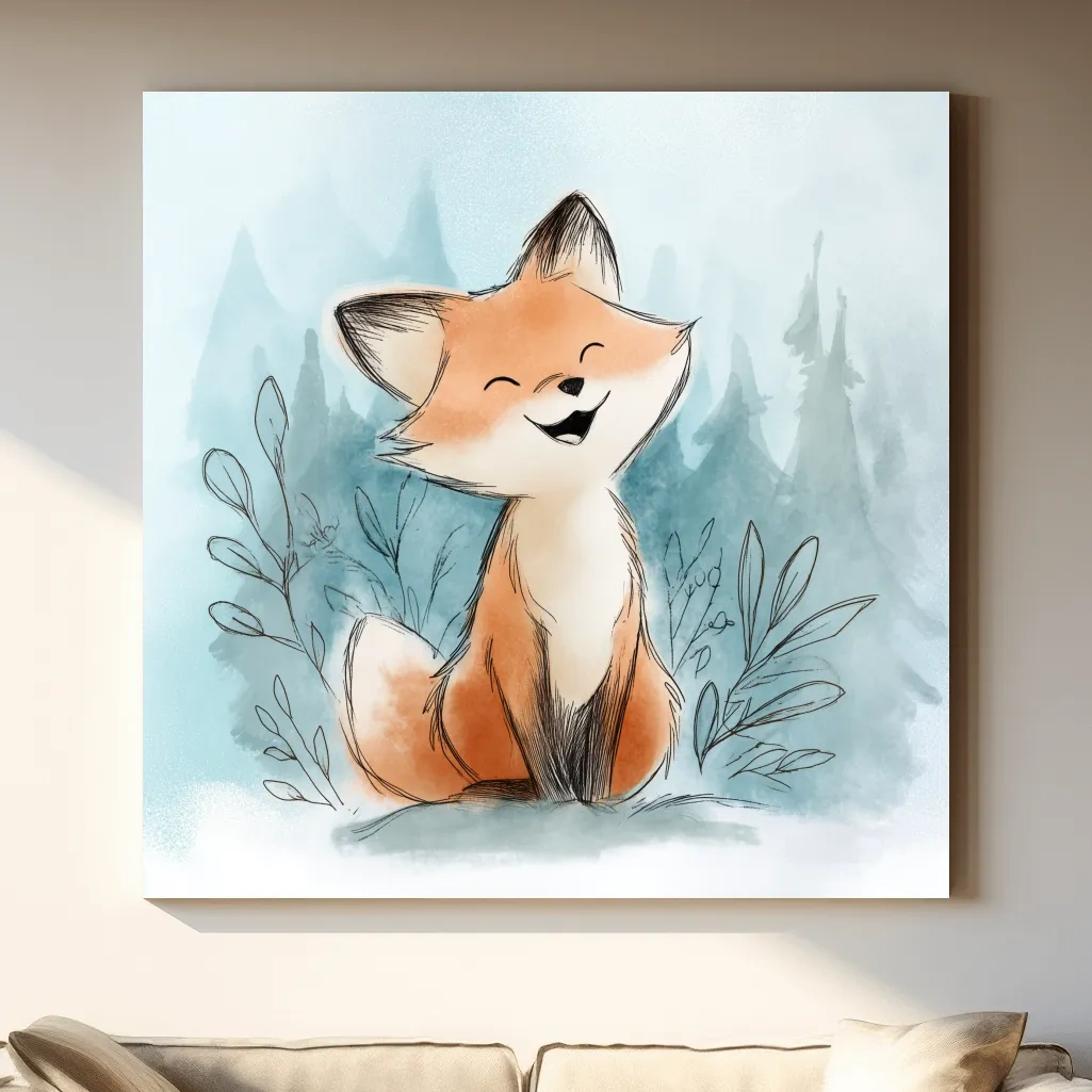 Whimsical Watercolor Fox Cub Illustration - Cute Woodland Nursery Wall Art