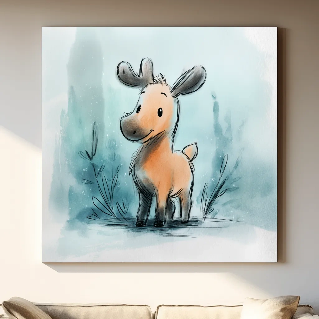 Cute Baby Moose Watercolor Illustration - Whimsical Nursery Wildlife Wall Art