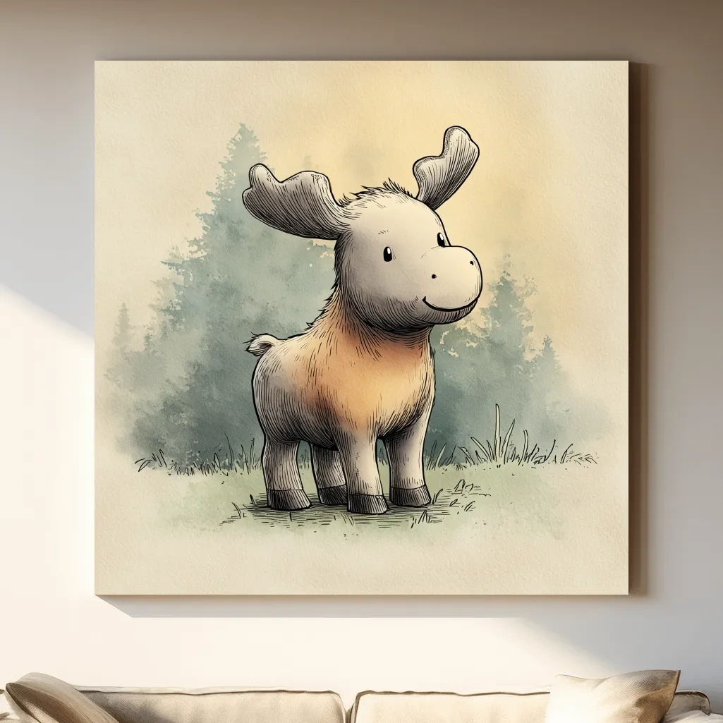 Cute Baby Moose Watercolor Illustration - Woodland Nursery Animal Wall Art