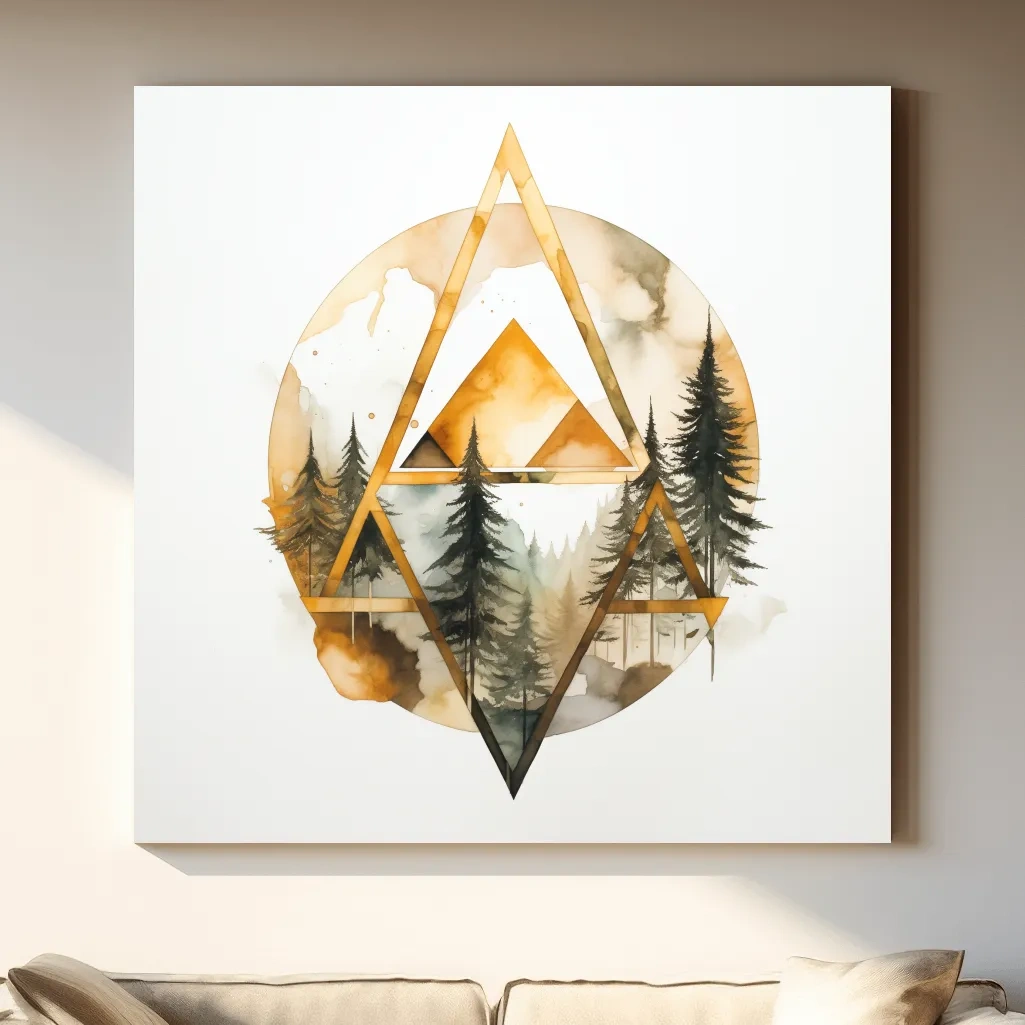 Rustic Elegant Watercolor Mountain Pine Forest - Abstract Golden Geometric Nature Wall Art