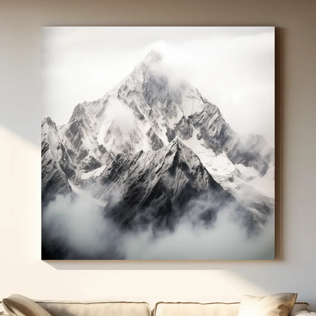Snowcapped Alpine Peak Photography - Monochrome Mountain Wall Art