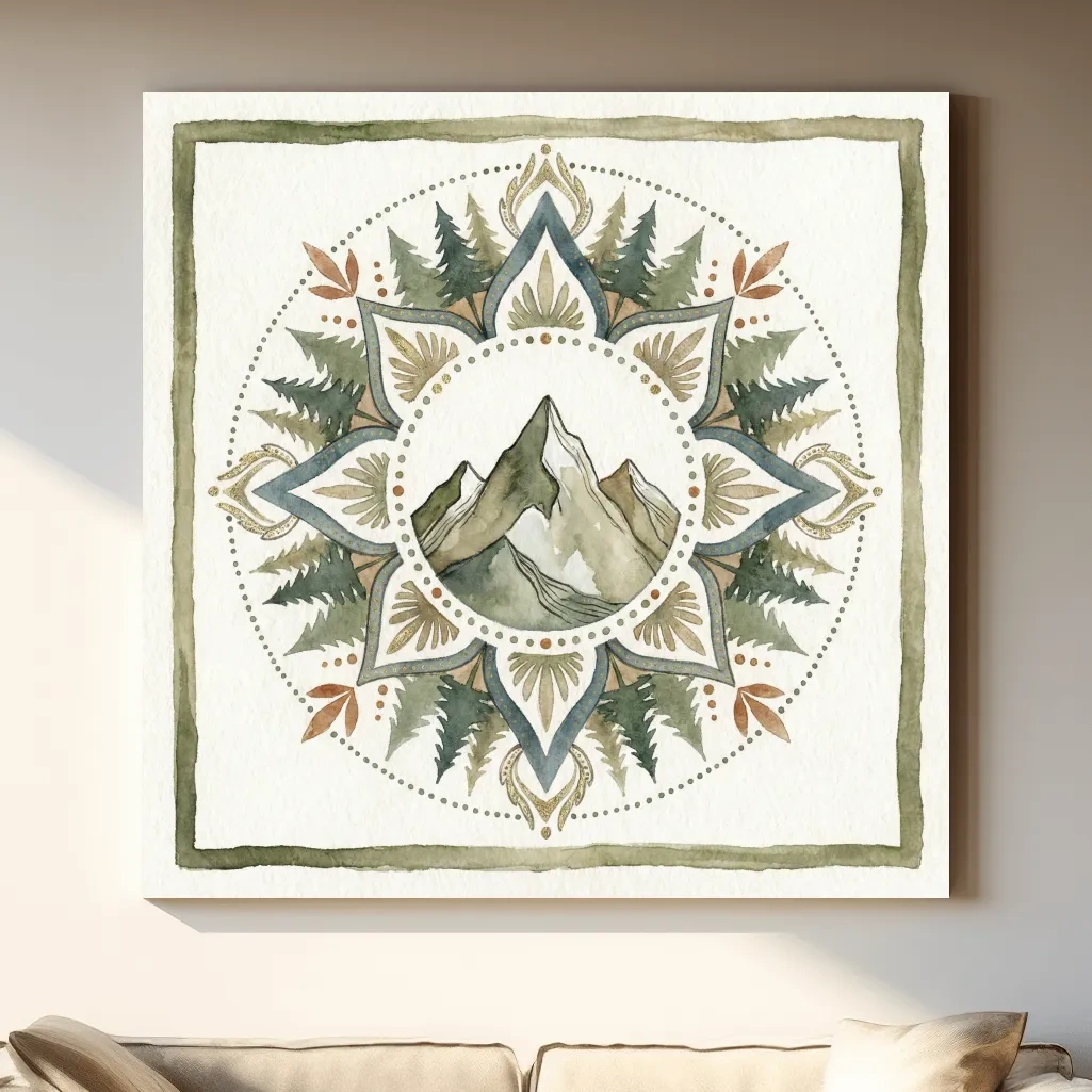 Mountain Mandala Watercolor - Boho Botanical Nature Wall Art