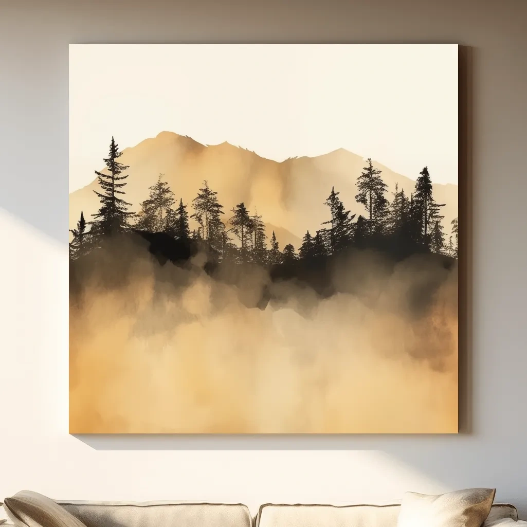 Misty Golden Mountain Pine Forest - Sepia Watercolor Landscape Wall Art