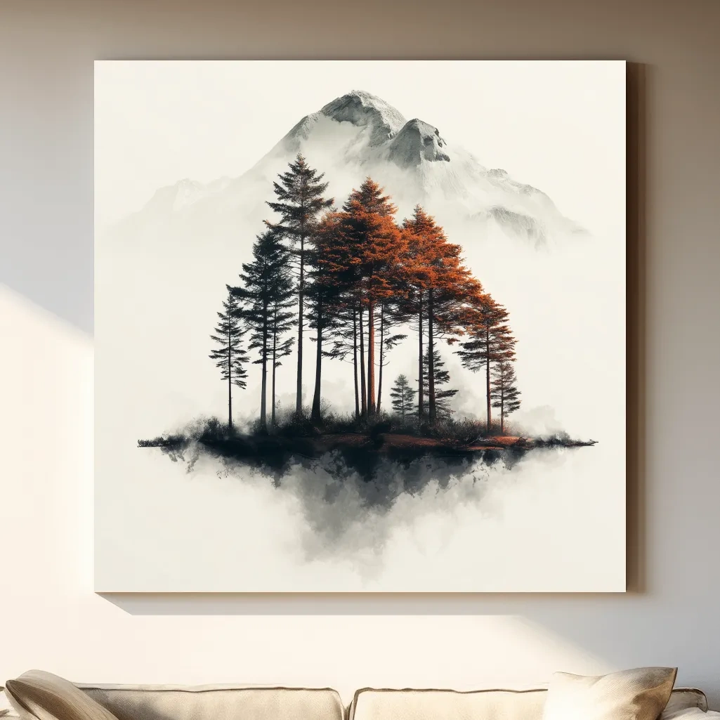 Misty Mountain Pine Forest Watercolor - Autumn Landscape Wall Art