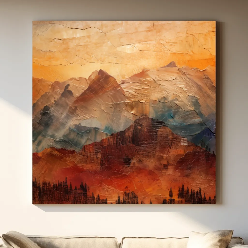 Impasto Style Abstract Mountain Range Sunset - Warm Rustic Landscape Wall Art