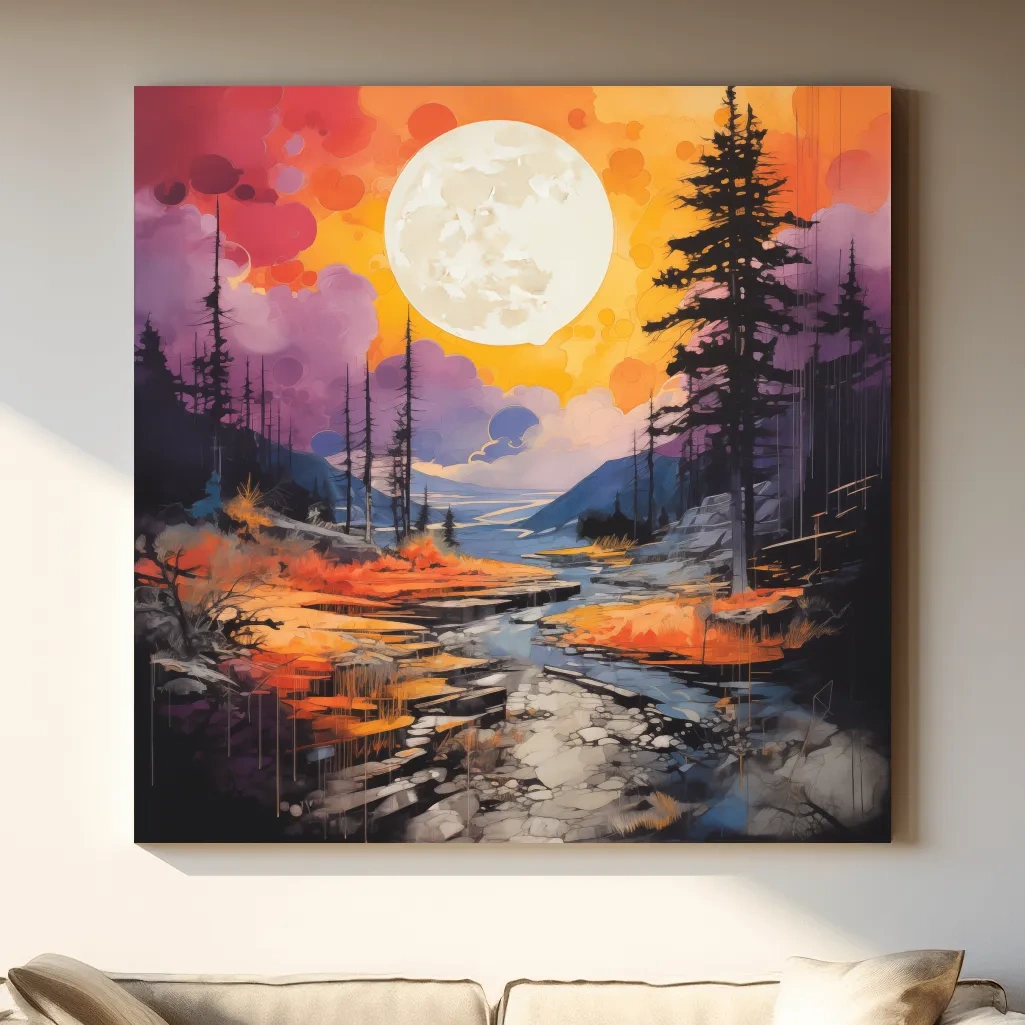 Vibrant River Valley Landscape Illustration - Abstract Sunset Forest Wall Art