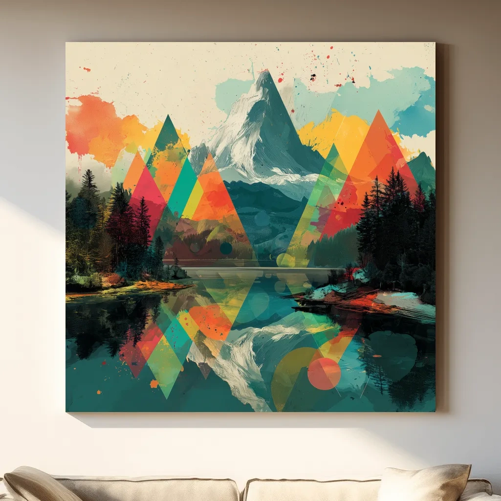 Vibrant Abstract Mountain Lake Collage Art - Colorful Alpine Wall Art