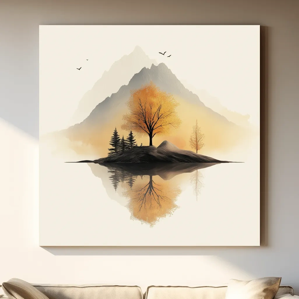 Minimalist Misty Mountain Lake Illustration - Serene Autumn Tree Landscape Wall Art