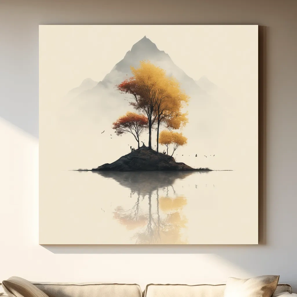 Minimalist Autumn Trees On Misty Lake Island - Serene Mountain Landscape Wall Art