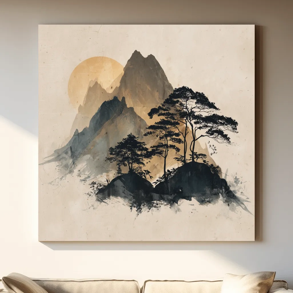 Zen Ink Wash Mountain Sunrise - Minimalist Japanese Pine Landscape Wall Art