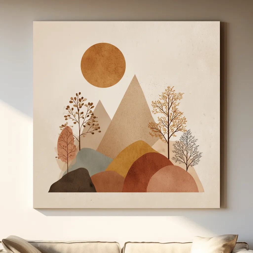 Minimalist Scandi Mountain Sunset Landscape - Boho Neutral Earth Tone Wall Art