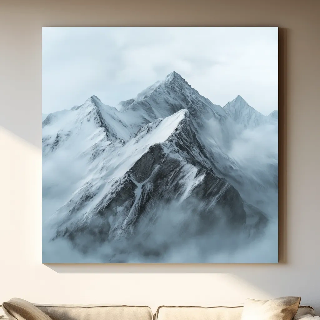 Misty Snowcapped Alpine Peak Landscape - Monochrome Photographic Mountain Wall Art