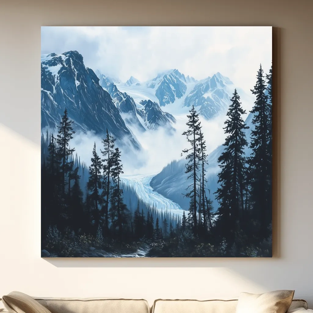 Misty Alpine Glacier Valley Landscape - Moody Mountain Forest Wall Art