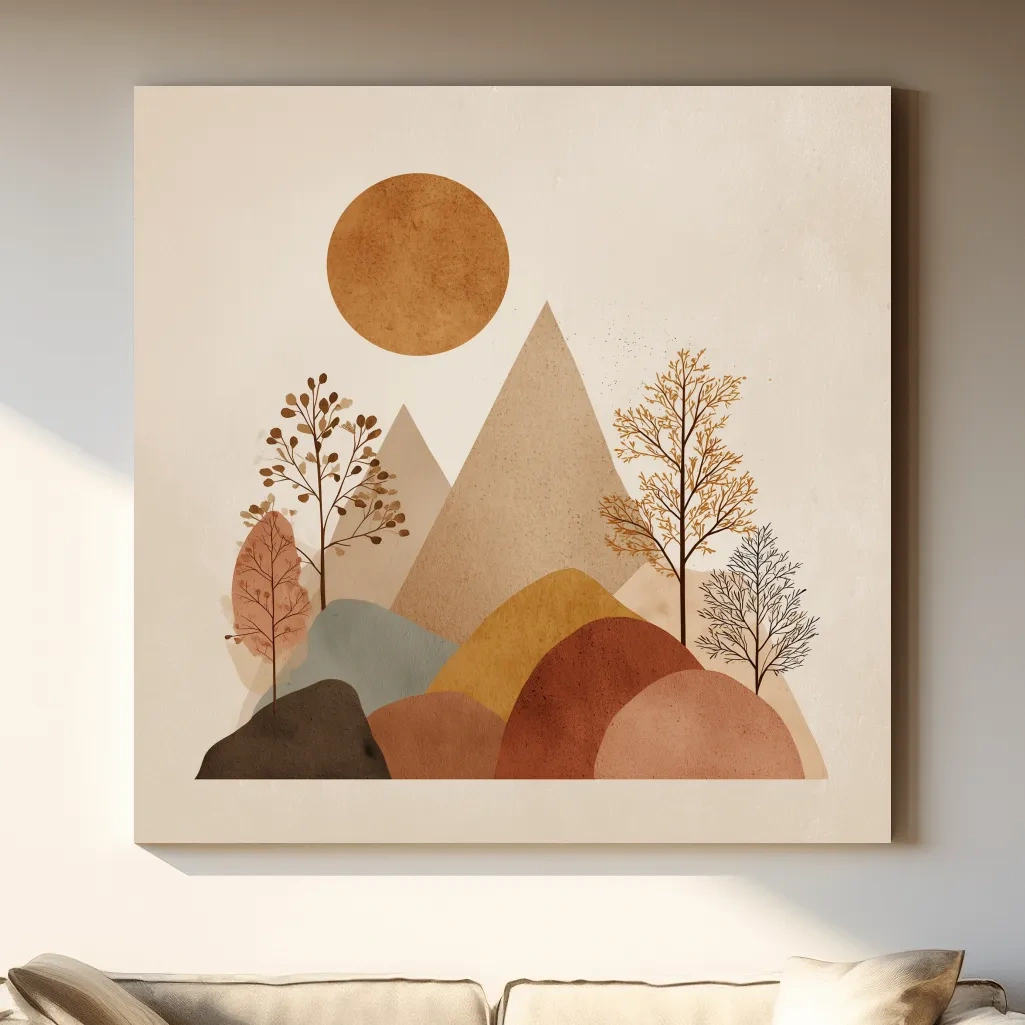 Minimalist Scandi Mountain Sunset Landscape - Boho Neutral Earth Tone Wall Art