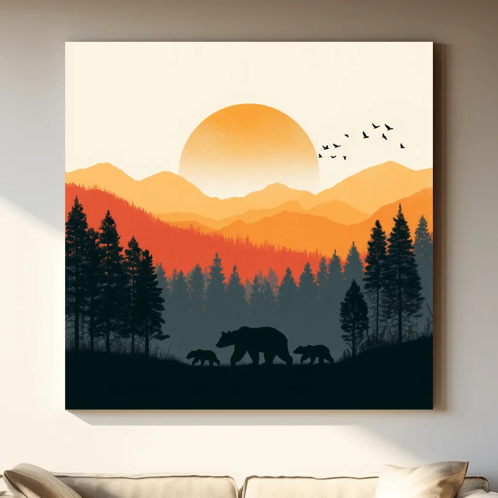 Sunset Mama Bear & Cubs Silhouette - Wildlife Forest Landscape Wall Art
