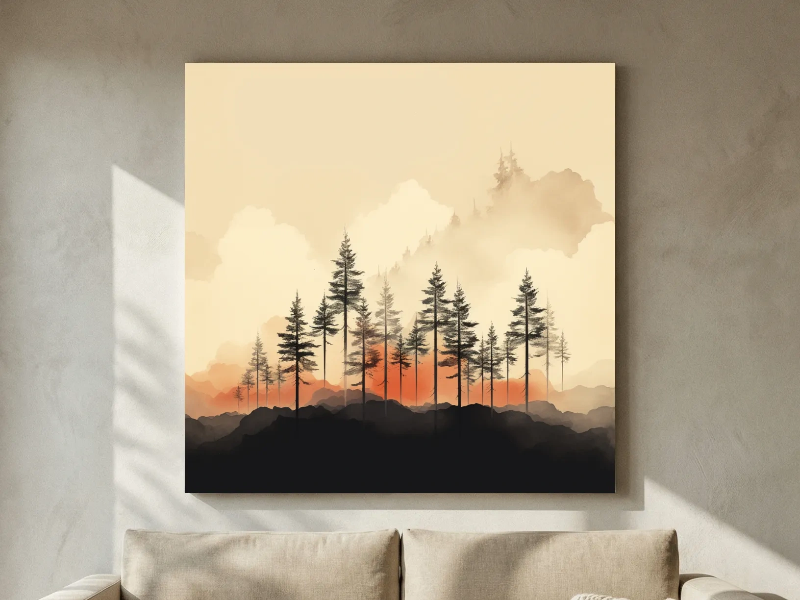 Misty Pine Forest Silhouettes At Sunrise - Minimalist Watercolor Mountain Wall Art