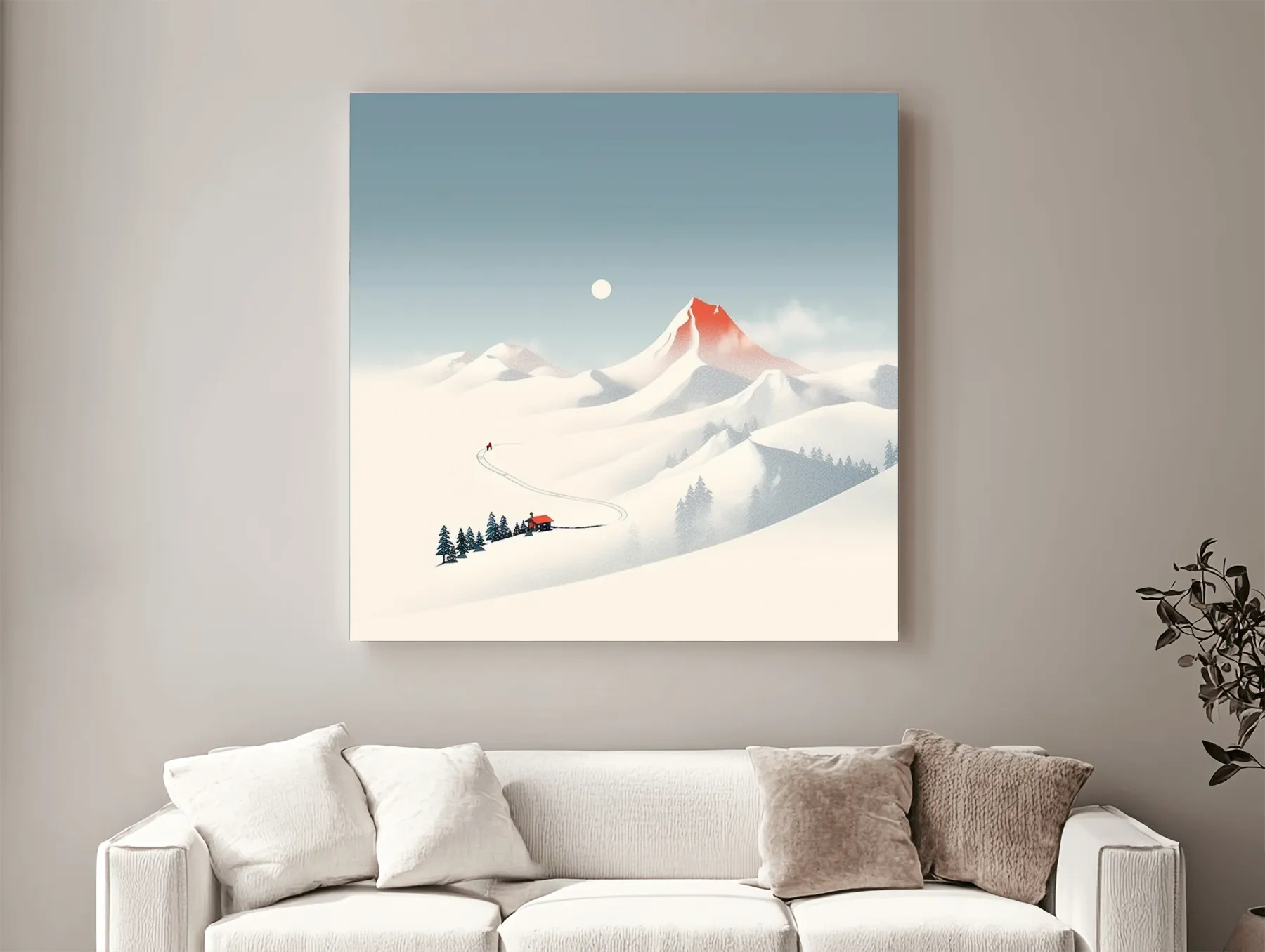 Minimal mountain art, skier leaves skin tracks from the cabin