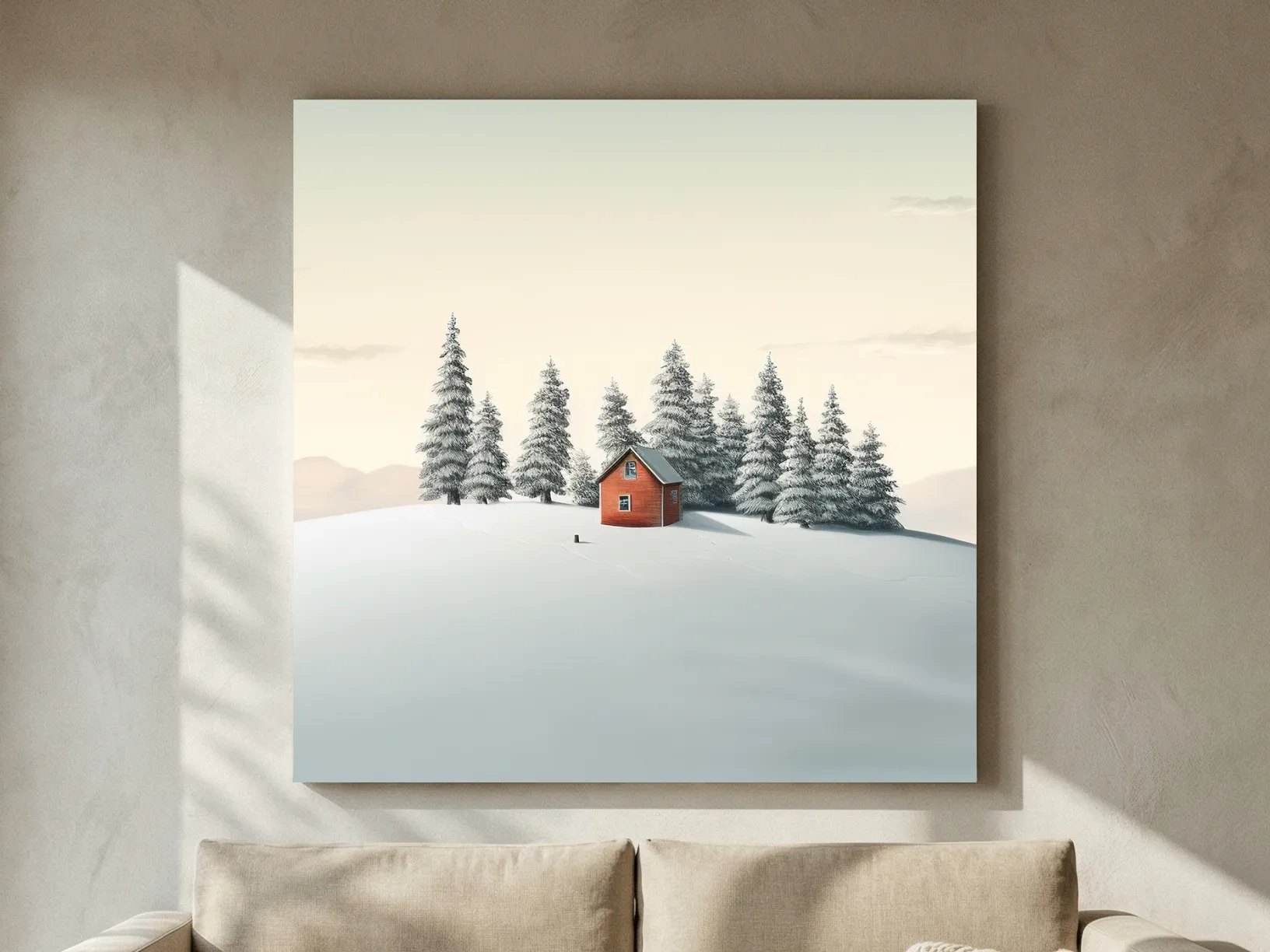 Minimalist Snowy Cabin In Pine Forest - Serene Winter Landscape Wall Art