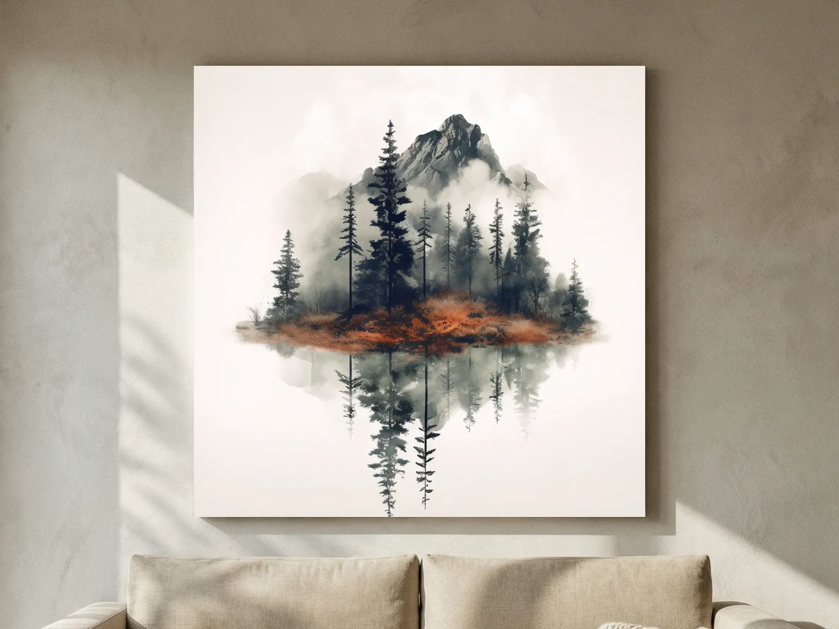 Minimalist Mountain Lake Reflection Watercolor - Moody Pine Forest Landscape Wall Art