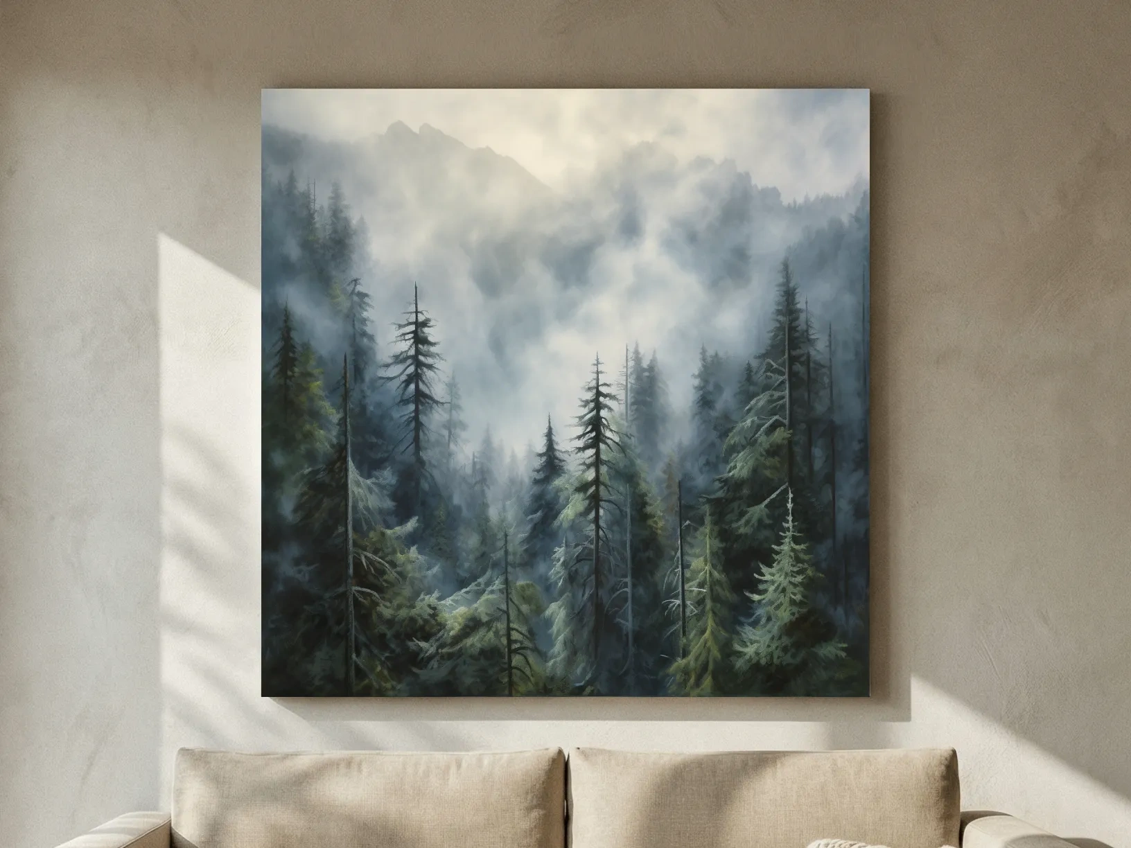 Moody Misty Pine Forest Mountains - Atmospheric Landscape Painting Wall Art