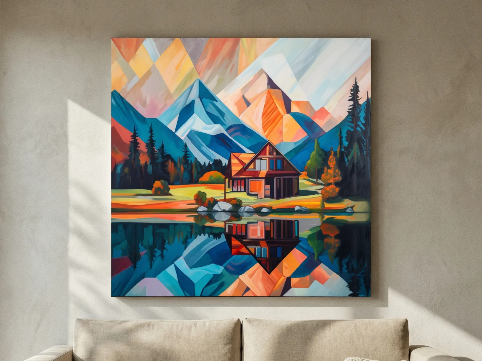 Vibrant Geometric Mountain Cabin Lake Reflection - Abstract Sunrise Wall Art