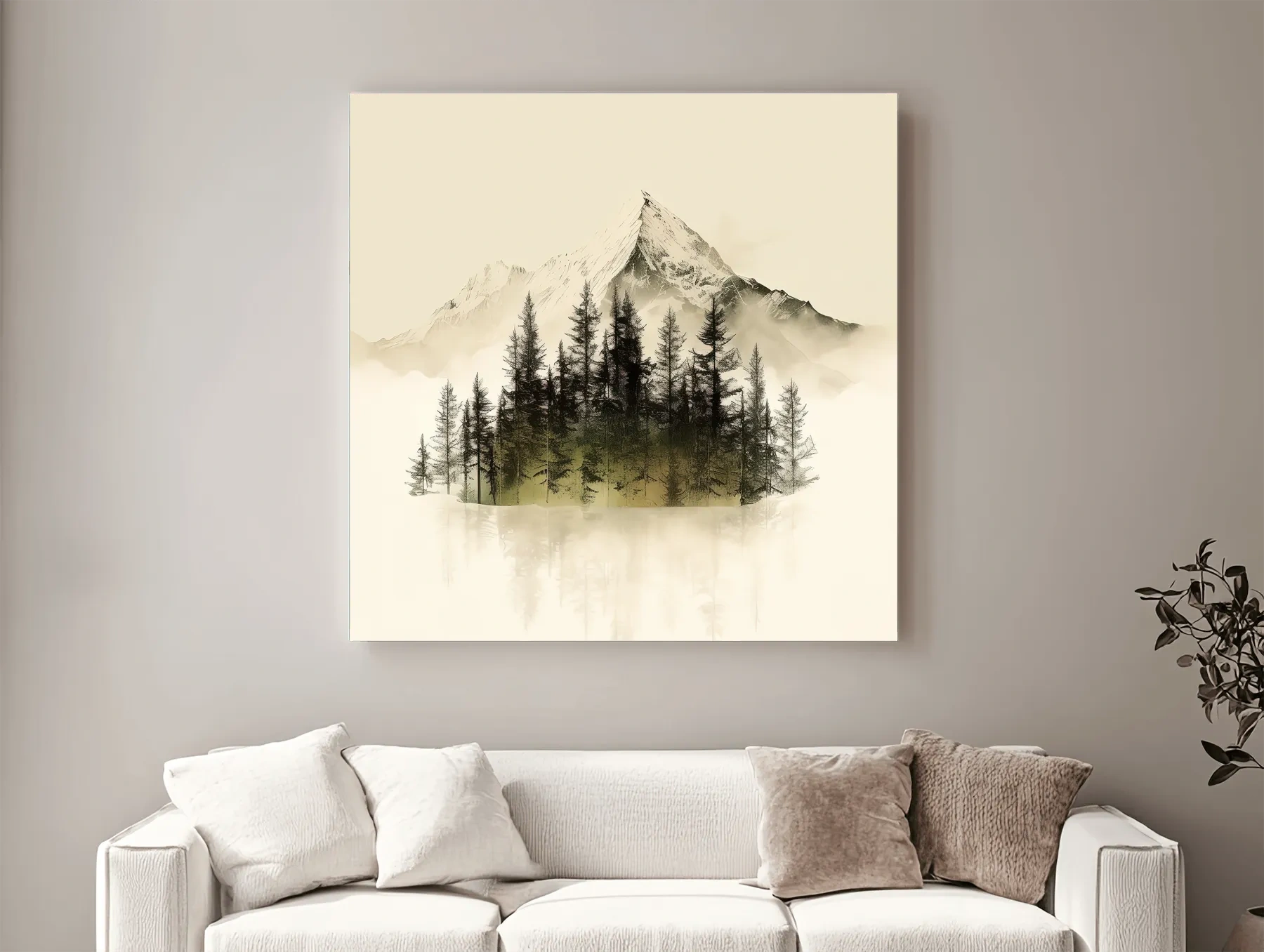 Misty Alpine Mountain Pine Forest Artwork - Minimalist Landscape Wall Art