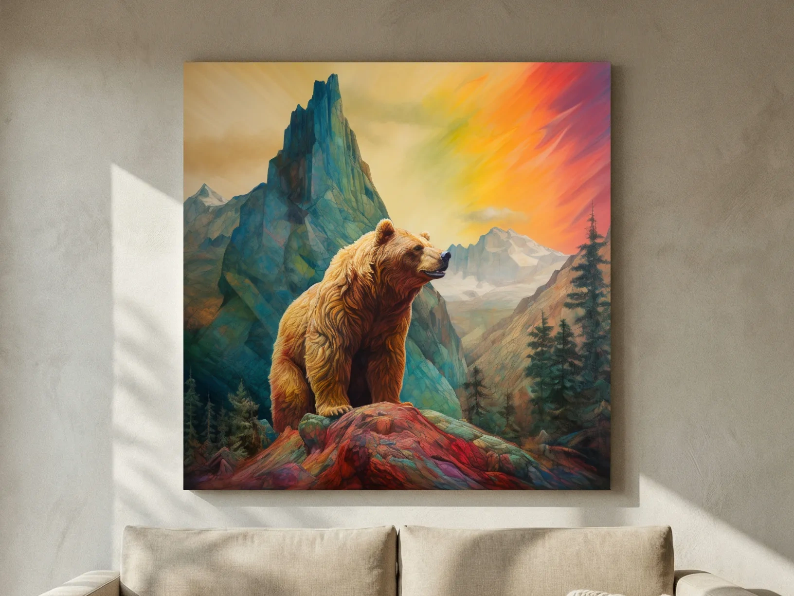 Majestic Grizzly Bear Mountain Landscape - Vibrant Painting Style Wildlife Wall Art