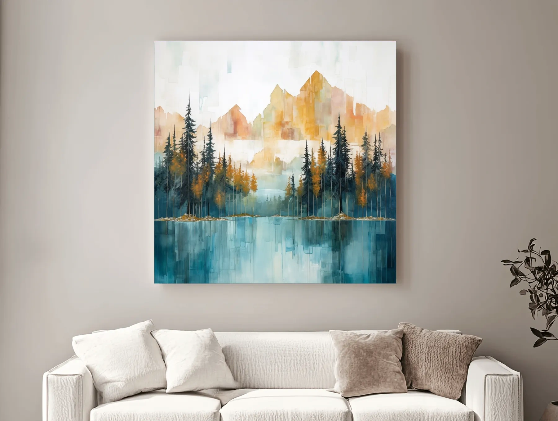Abstract Watercolor Alpine Lake Reflection - Misty Mountain Forest Wall Art