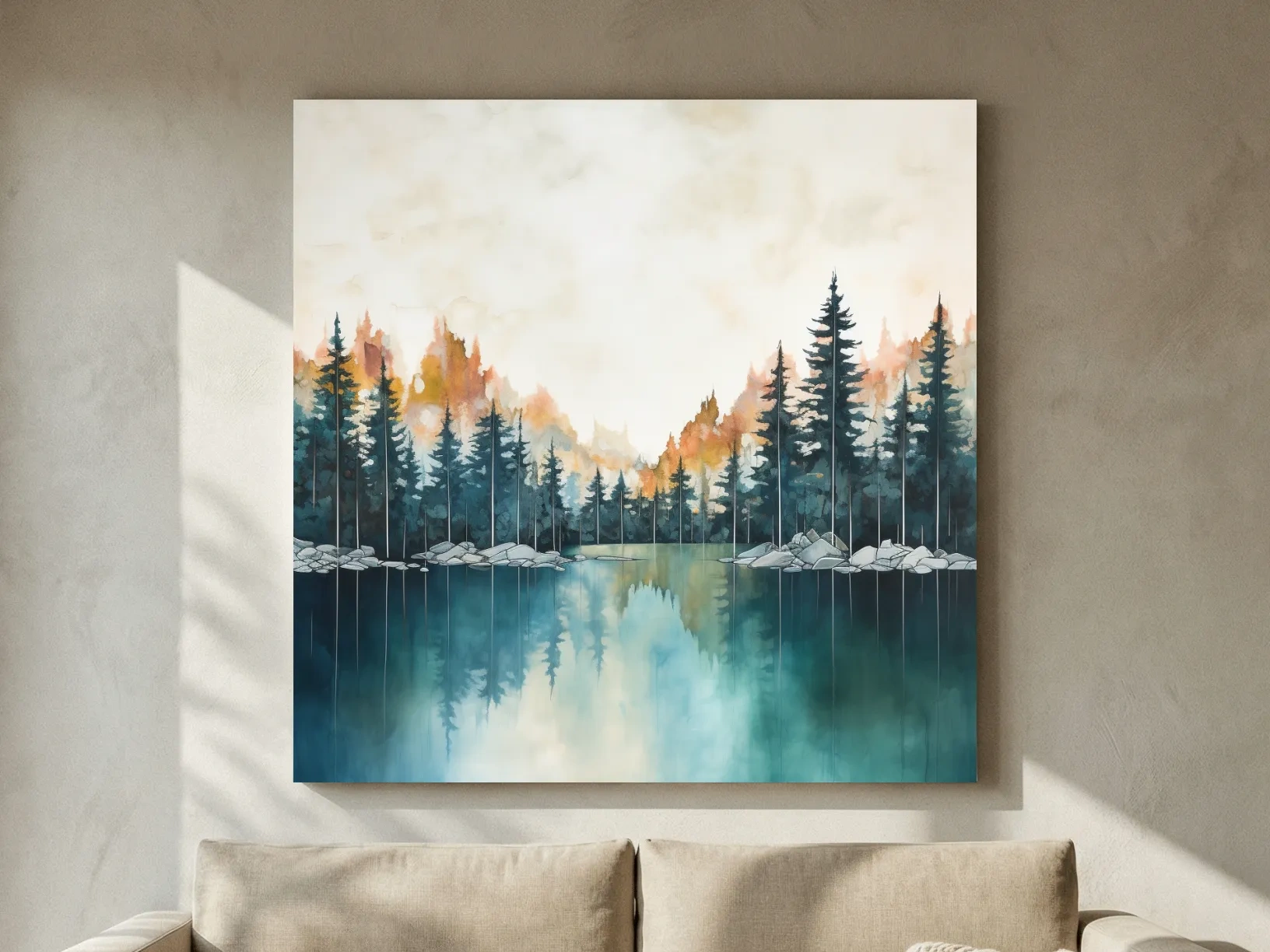 Misty Forest Lake Watercolor Painting - Serene Landscape Wall Art