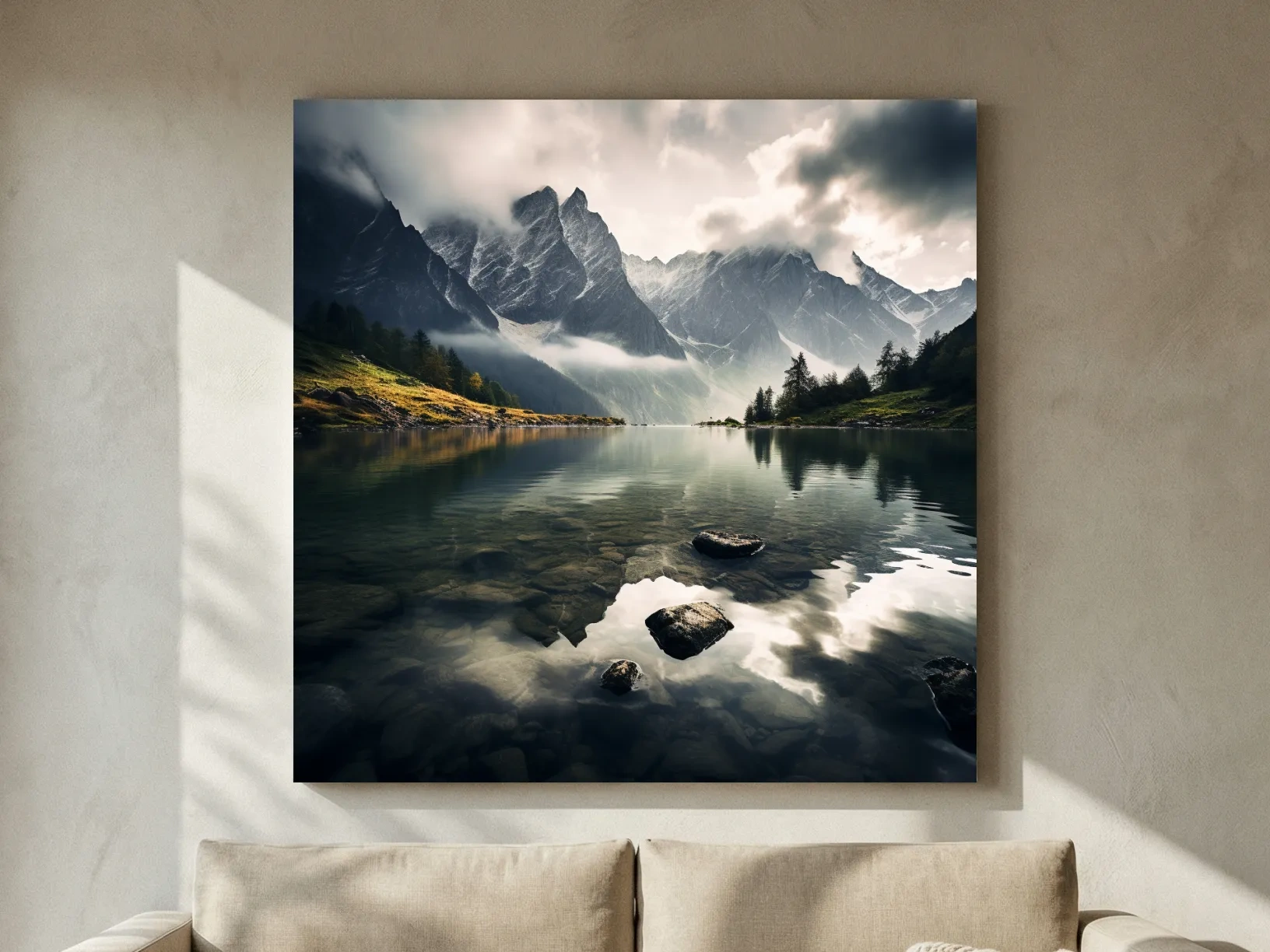 Moody Alpine Lake Reflection Photograph - Dramatic Landscape Wall Art
