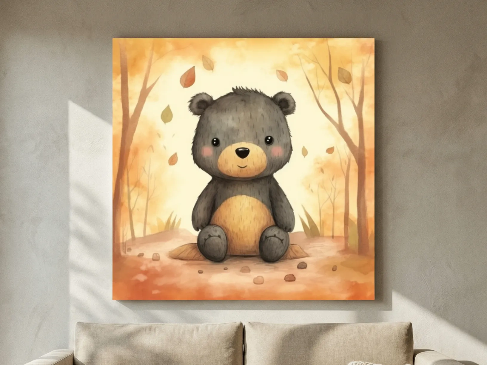 Cute Watercolor Teddy Bear Forest Illustration - Whimsical Nursery Wall Art