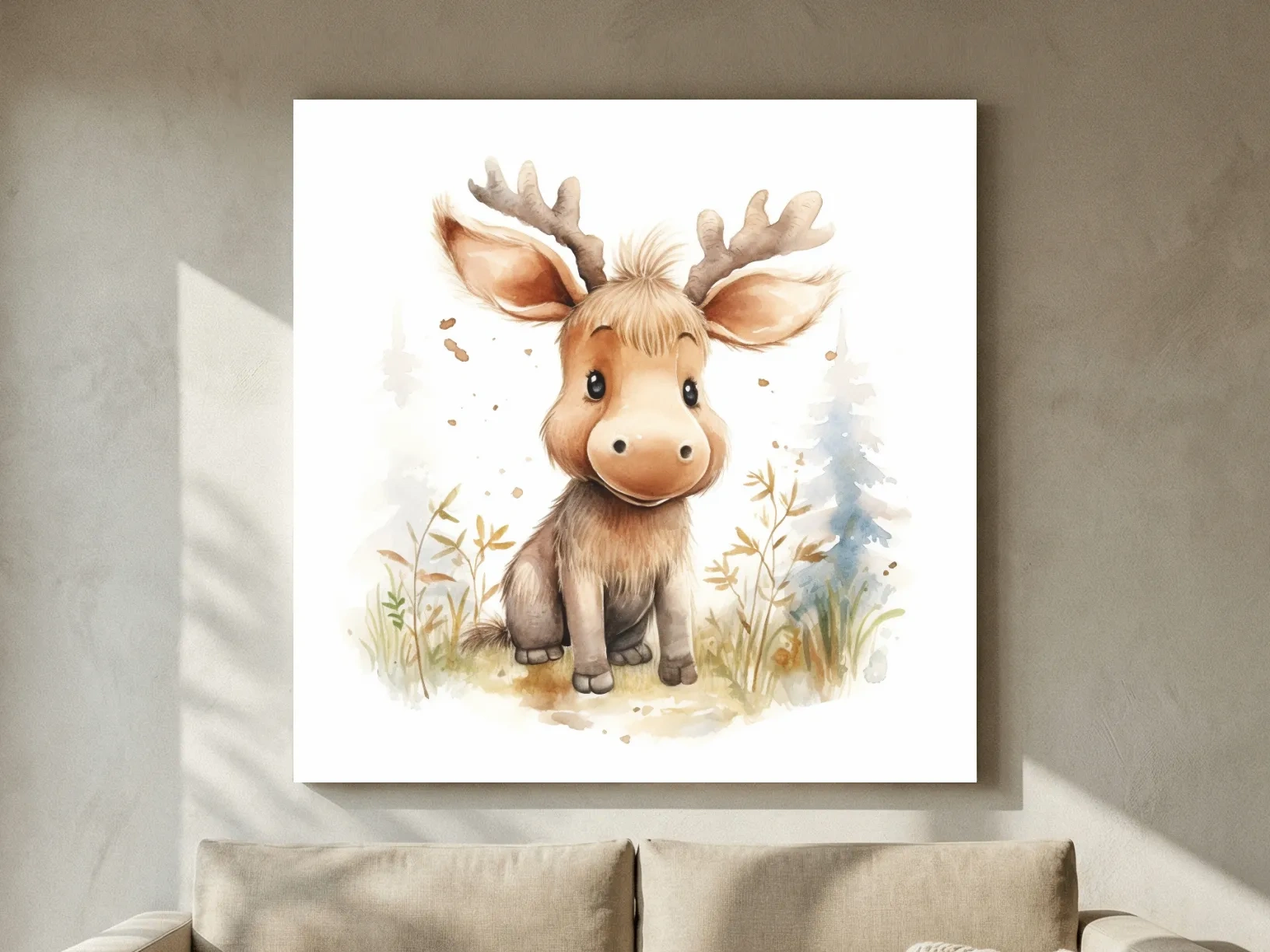 Cute Baby Moose Watercolor Illustration - Woodland Nursery Animal Wall Art
