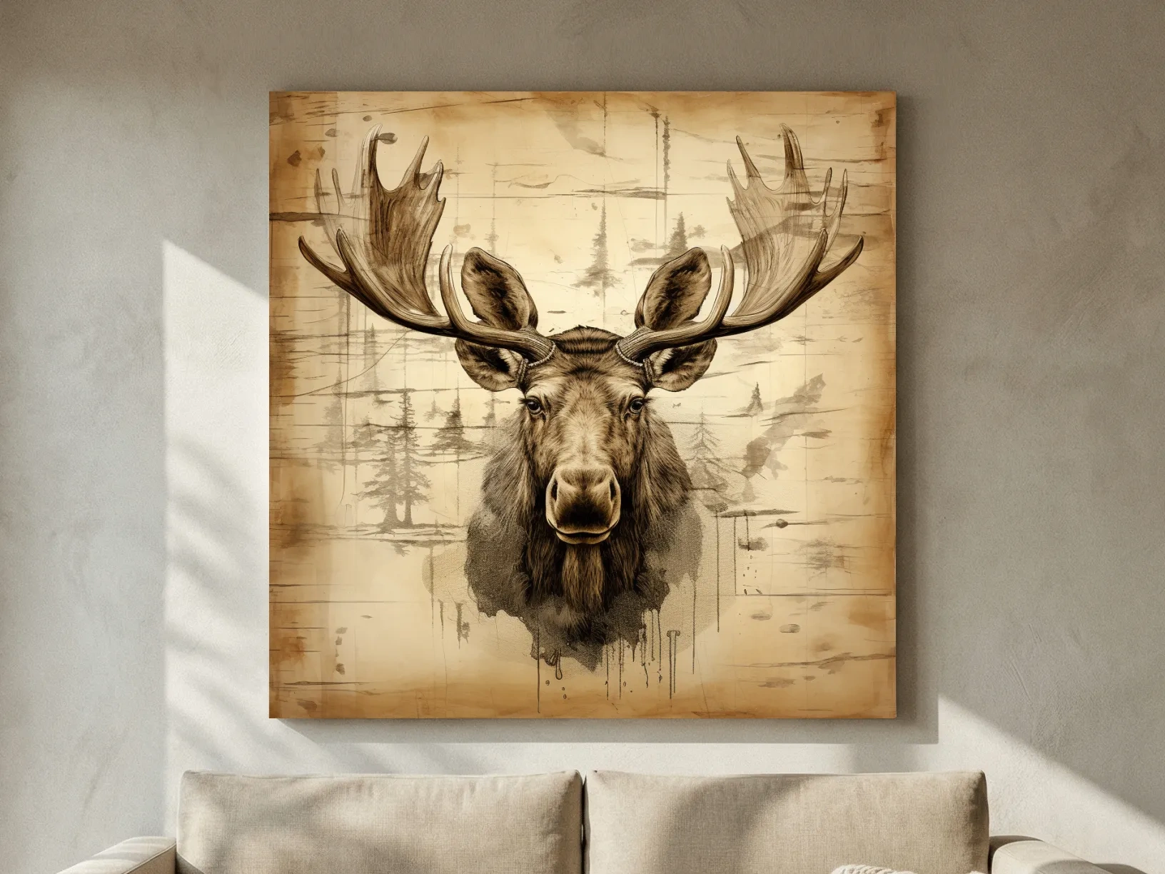Rustic Sepia Moose Portrait Sketch - Vintage Lodge Wildlife Wall Art