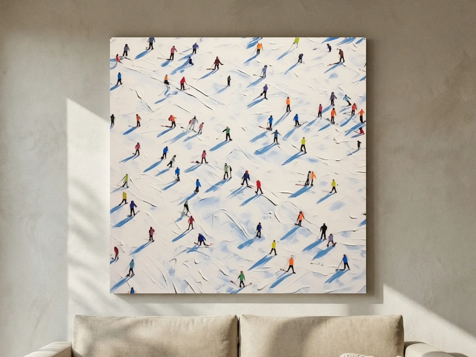 Tiny Skiers On Snowy Slopes - Modern Winter Sports Painting Wall Art