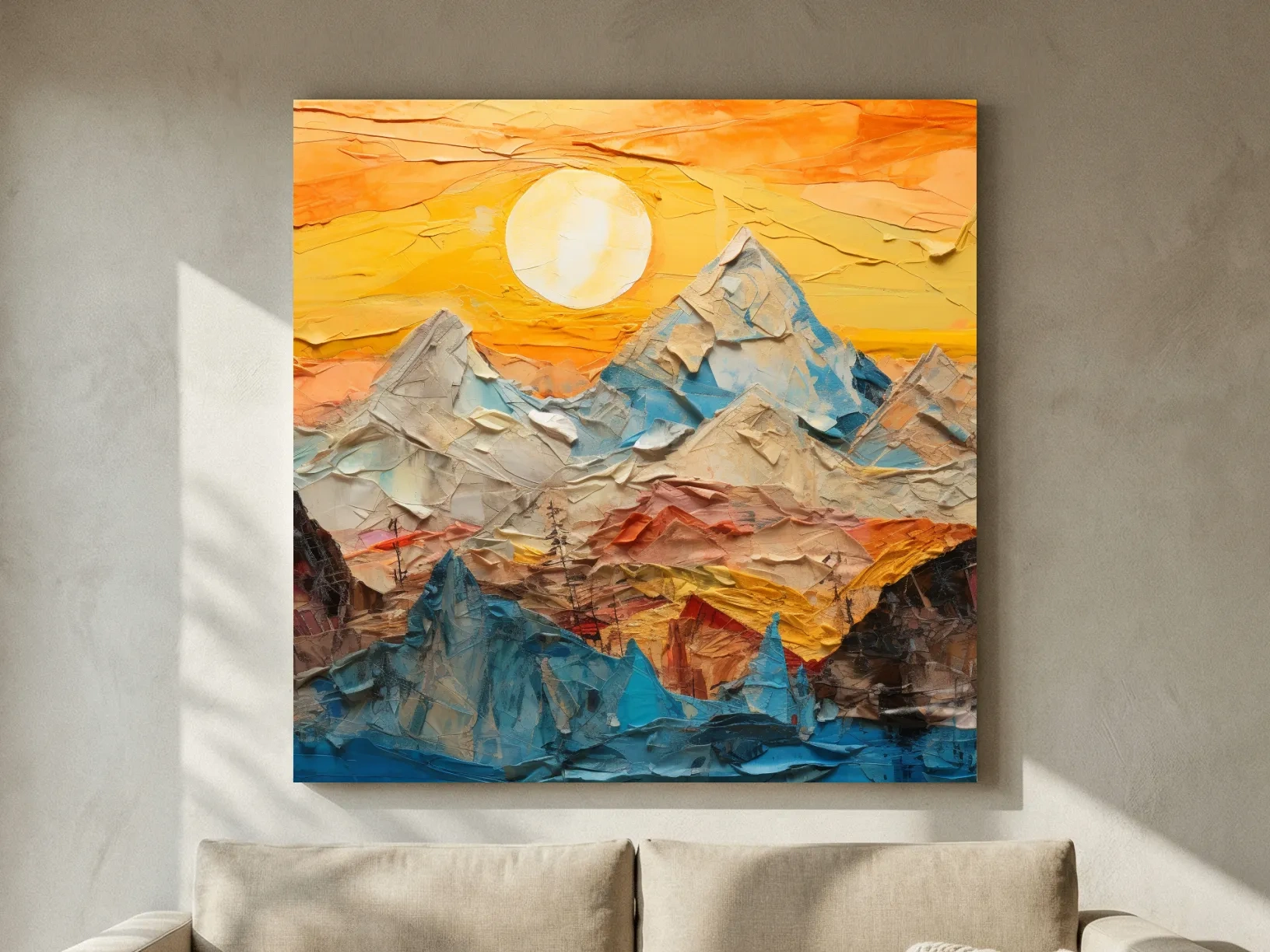 Collage Mountain Sunrise Painting - Warm Abstract Landscape Wall Art