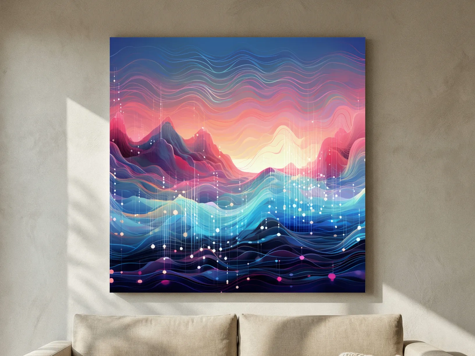 Funky Abstract Soundwave Mountain Patterns - Neon Sunset Landscape Wall Art